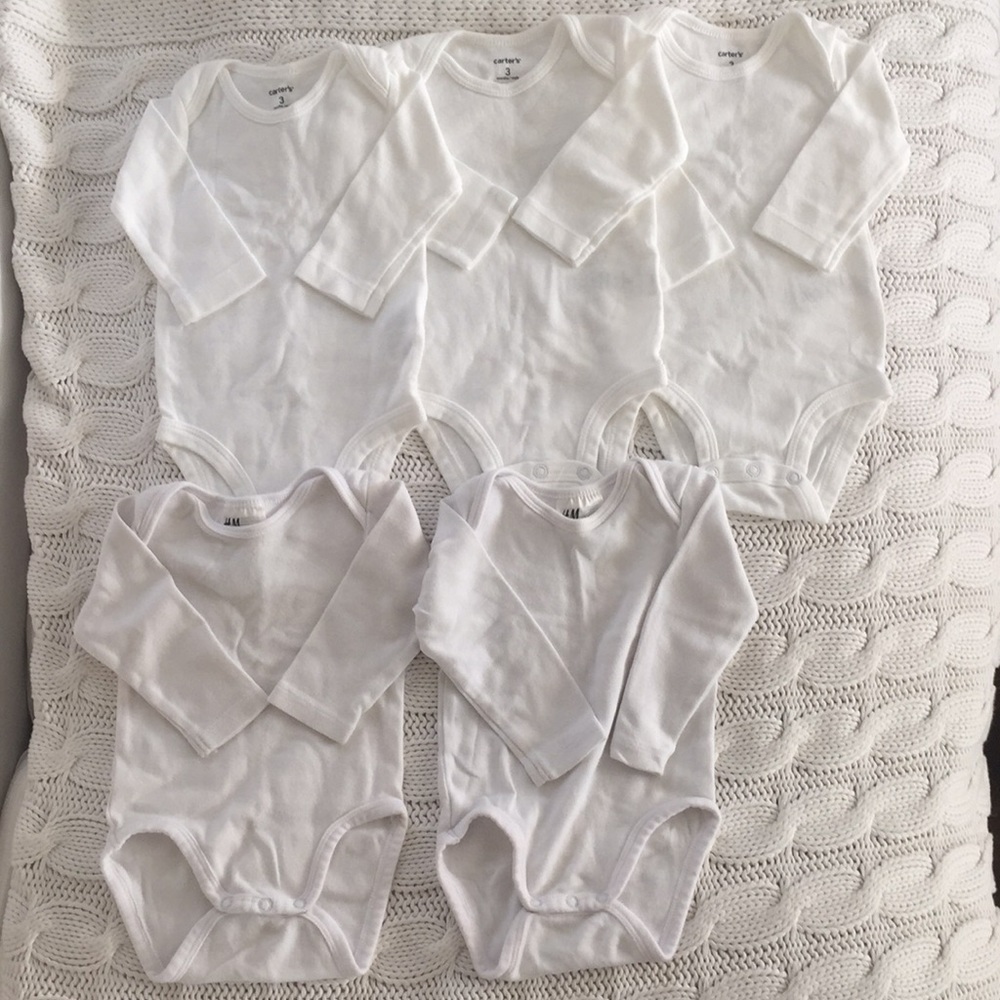 5 Long sleeve white onesies from Carters and H&M